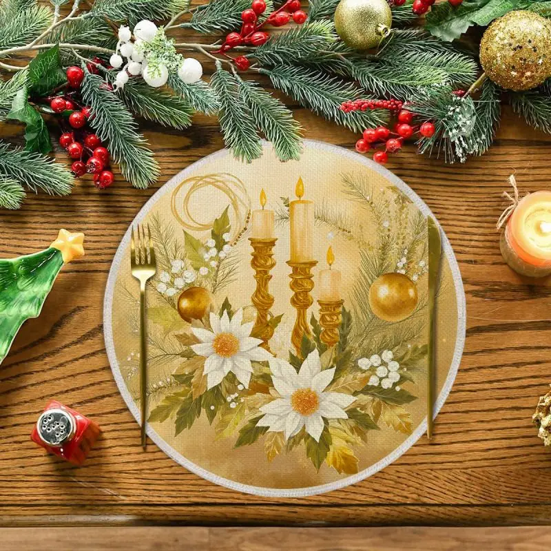 VIKAMA Cream Gilded Blossom Orb Pearl Round Placemat Yellow Flower Green Leaf Ball Bead Luxury Xmas Table Mat Durable Thick Soft