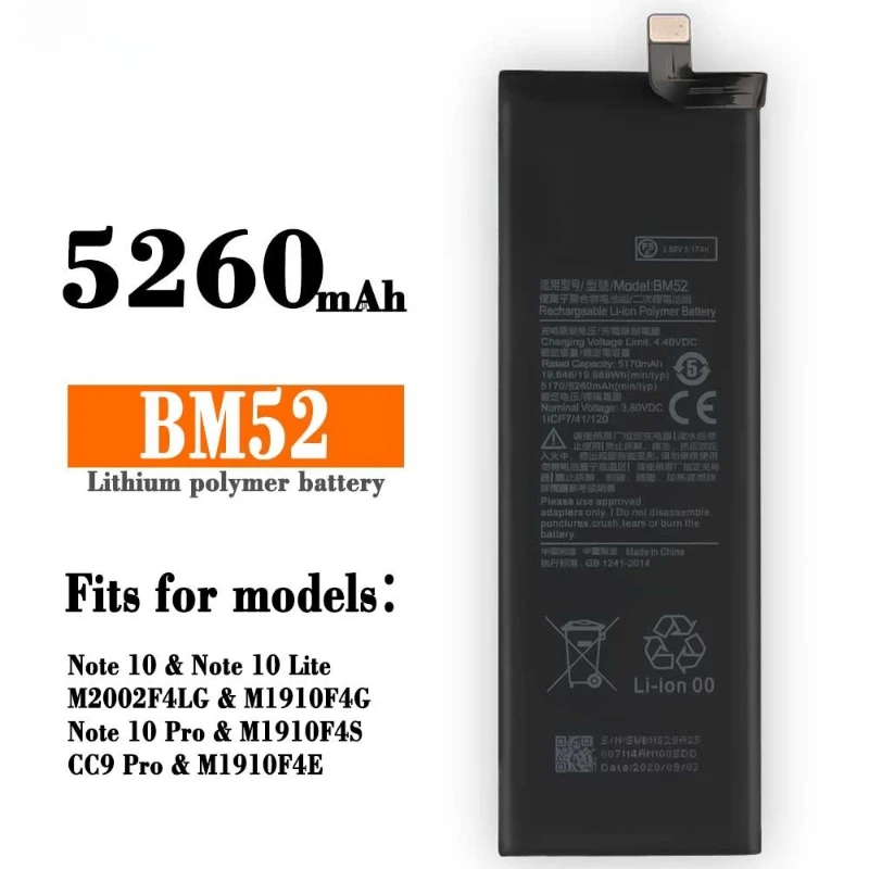 Nova bateria de celular bm52 5260mah para xiaomi mi note 10 lite/mi note 10 pro/cc9pro cc9 pro baterias de telefone + ferramentas