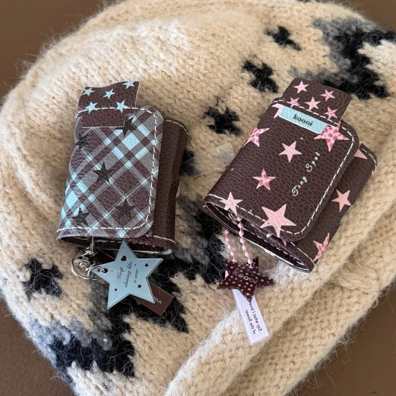 

Pink Stars Blue Plaid Leather Earphone Case with Pendant for Apple AirPods 2 Pro/Pro2/Pro3 AirPods 3 AirPods 4, Dustproof