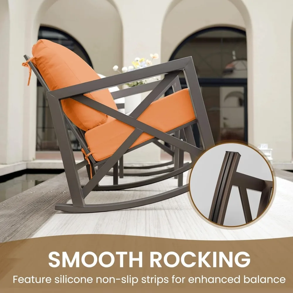 Rocking Chair Outdoor Set 2 with Coffee Table, 3 Piece Metal Rocking Bistro Set with 6.5" Water-Resistant Cushions, Oversized,