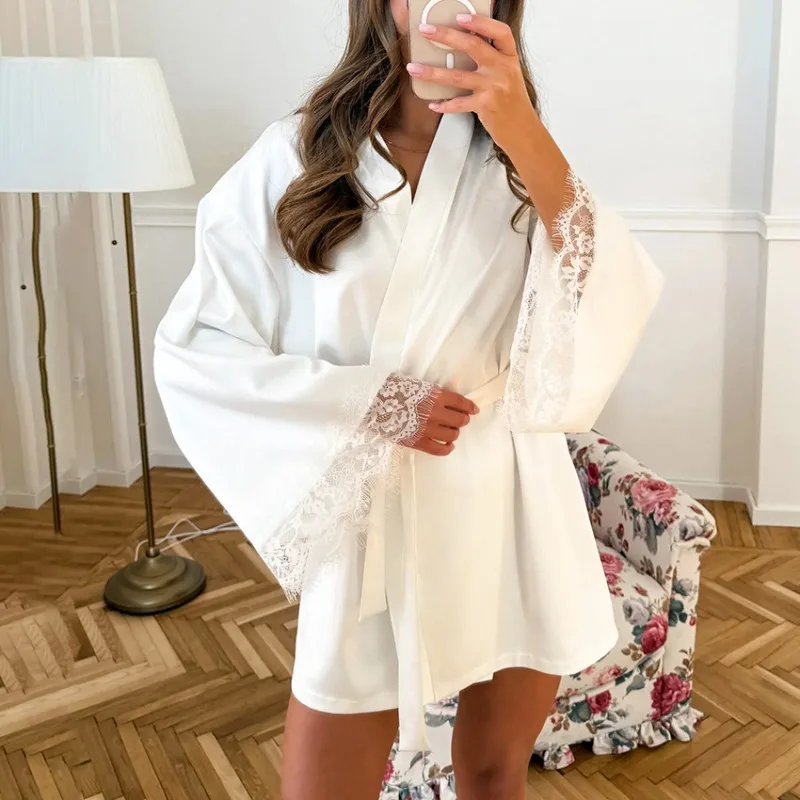 

White Color Fashion Satin Robe for Women Long Sleeve Lace Trim Kimono Cozy Bathrobe Tie Loungewear European Elegant Sleepwear