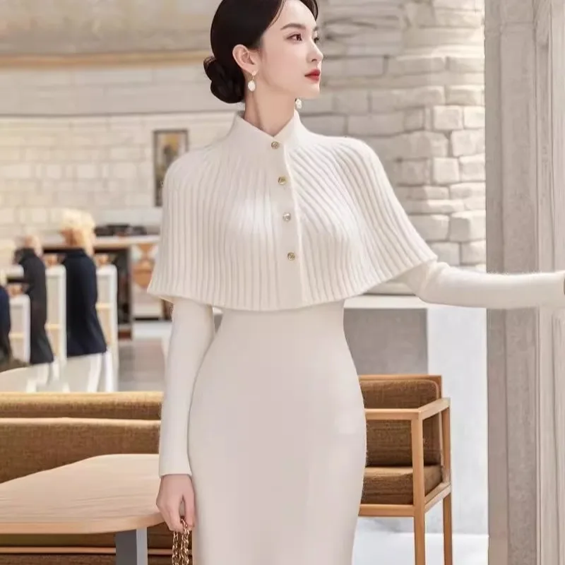 Chic French Elegant Autumn Winter Cloak Knitted Bodycon Dress Women Stand Collar Long Sleeve Split Stretch Party Midi Vestidos