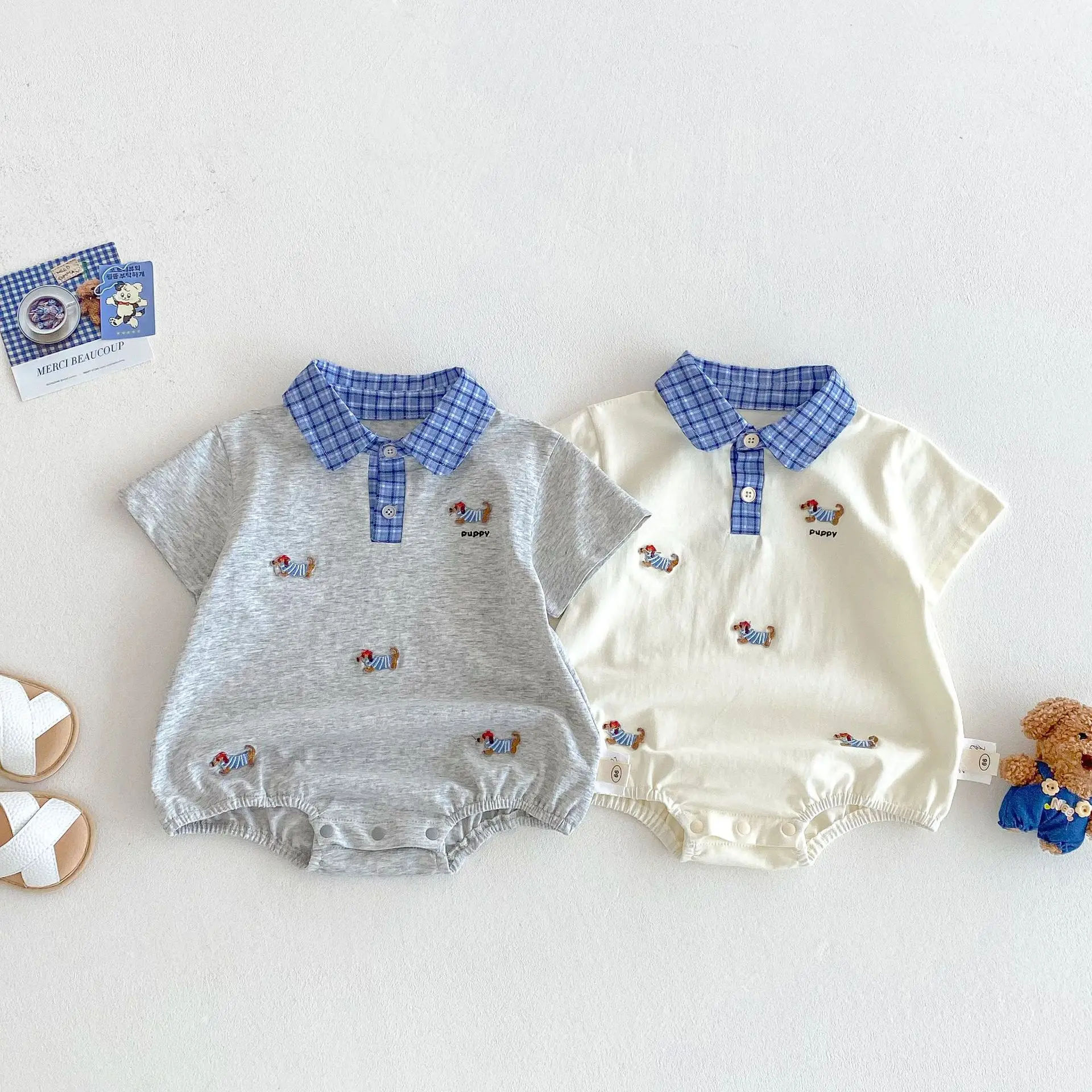 

2025 New Summer Baby Romper Academy Style Plaid Collar Puppy Print Short Sleeve Fake Two Piece Newborn Infant Clothes