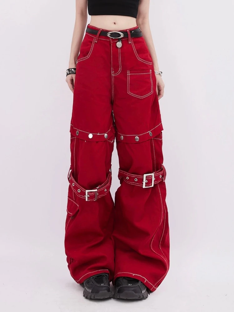 Vintage Y2k Red Baggy Cargo Pants Women Hip Hop Gothic Punk Hippie Removable Wide Leg Denim Pants Streetwear Casual Jeans New
