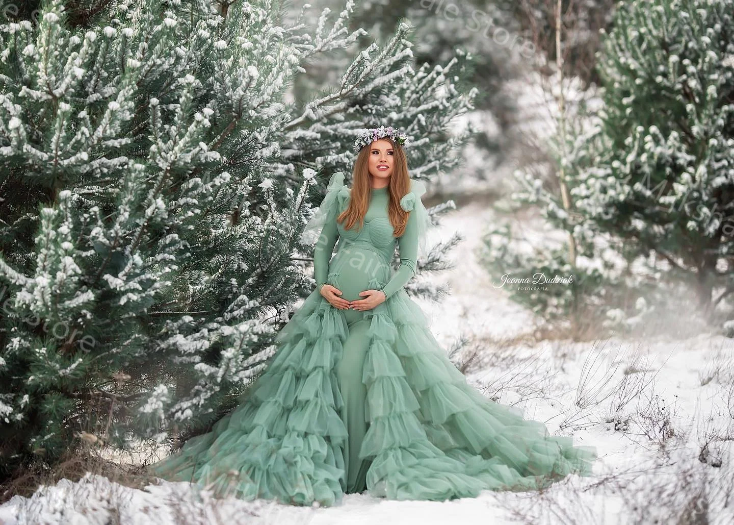 Luxury Green Evening Dresses 2 Pieces Tiered Ruffles Women Pregnancy Gowns Sexy Sweep Train Baby Shower Party Photoshoot Robes