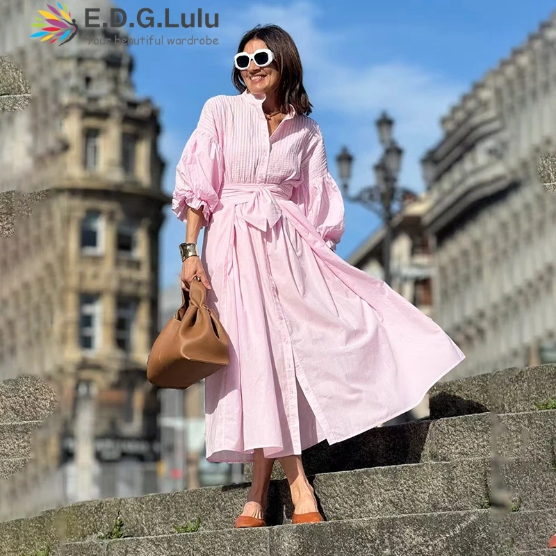 EDGLuLu 스탠드 칼라 퍼프 슬리브 블랙 드레스 여성 싱글 브레스트 플리츠 셔츠 드레스 패션 스트리트 롱 드레스 + 벨트 0902