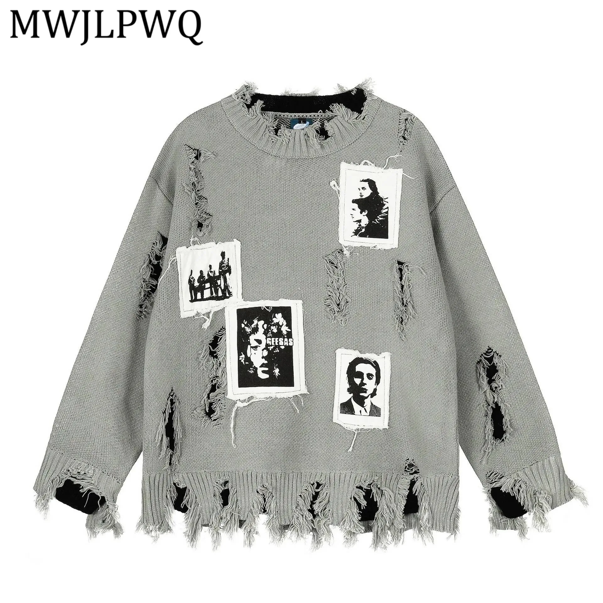 

MWJLPWQ Мужской вязаный свитер в стиле хип-хоп, американский уличный стиль, с эффектом потертости и бахромой, утолщенный, повседневный, трендовый, 22032