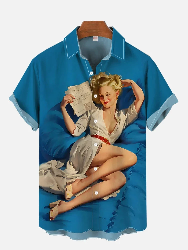 1980s Vintage Pin Up Girl Poster Sexy Girls Blonde Beauty 3D Print Men\'s Short Sleeved Shirts For Men Fashion Hawaiian Shirts