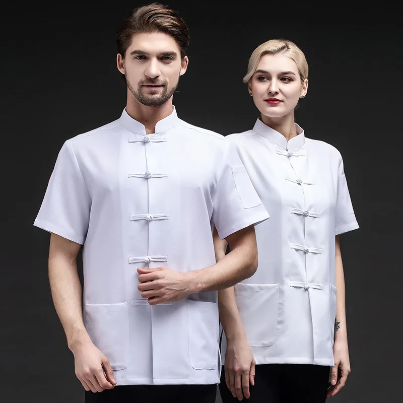 

Chinese-style chef uniform, summer short-sleeve, buttoned cotton-linen men's workwear for hotel, restaurant, and Chinese restaur