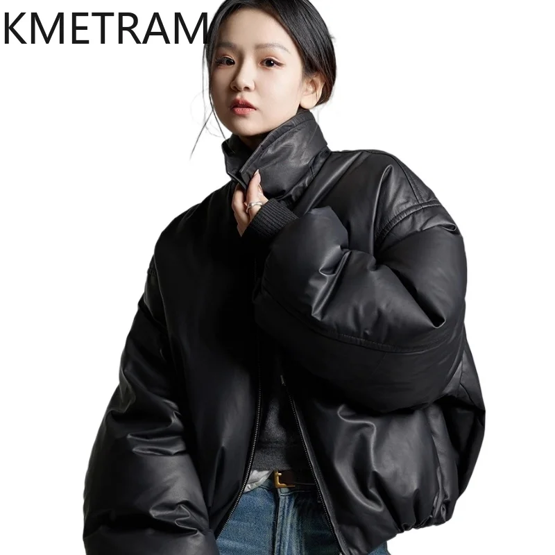 KMETRAM Natural Sheepskin Genuine Leather Down Jacket Black Vintage Women's Winter Coat Short Thicken New Outerwears 2025 пальто