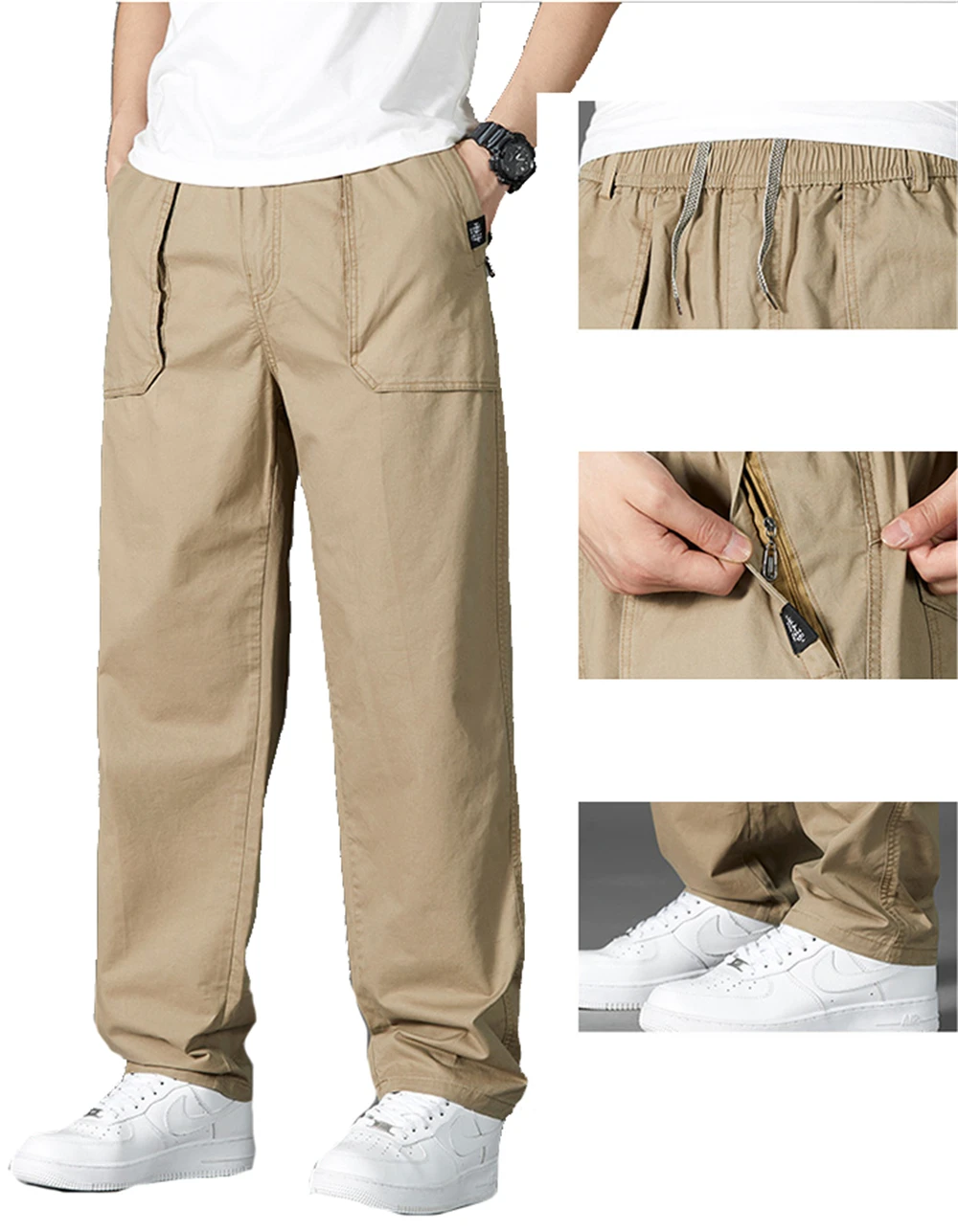 Mens Cargo Pants Drawstring Casual Hiking Pants Joggers Trousers Cotton Loose Straight Sweatpants Lightweight Outdoor Trousers