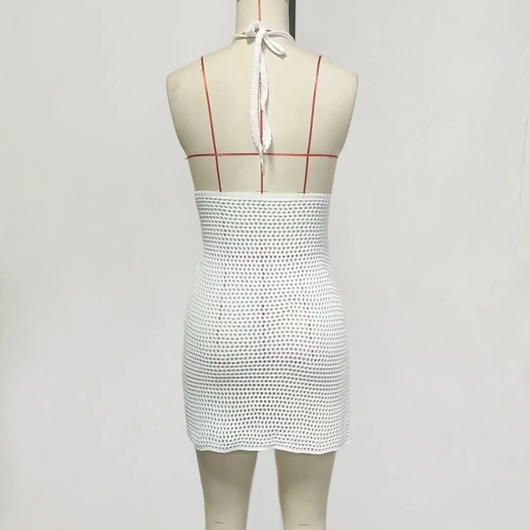 4-farbiges, V-Ausschnitt-Halfter-Kleid mit Ausschnitten, gehäkelt, gestrickt, Tunika, Strandkleid, Strandmode, Strandbekleidung, Strandüberwurf, Damen, V7001 – Detail 10