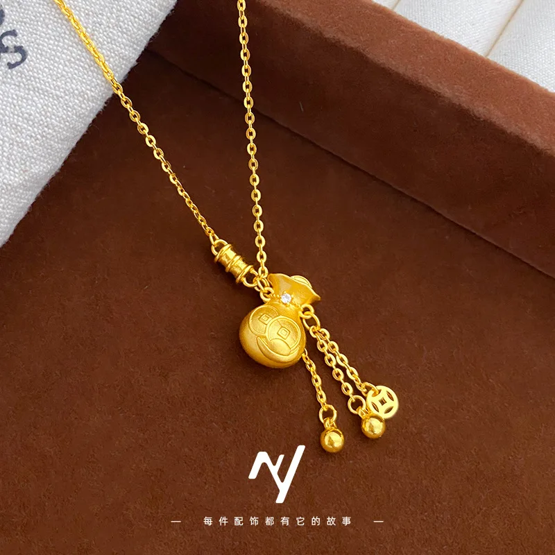 

Luxurious Women's 9999 24K Real Gold New Chinese Design Touch Diamond Solid Fortune Money Bag Tassel Collarbone Necklace