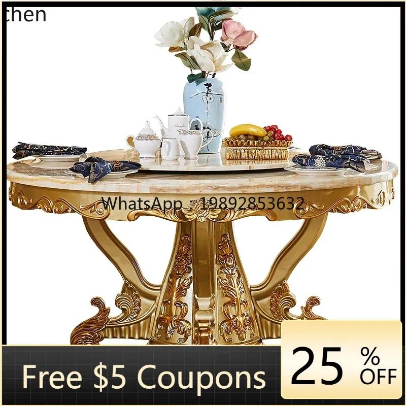 

AB dining table marble surface round table carved family dining hotel villa and chair combination