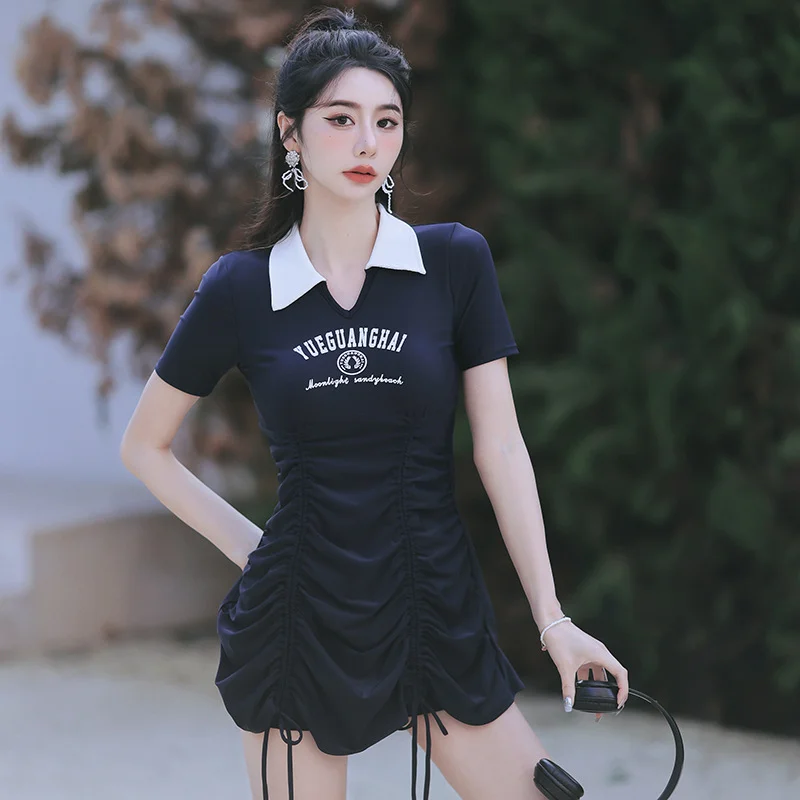 

2023 Fashionable New Female Skirt Style with Collar Short Sleeve Thin Independent Boxer Pants Large Size Hot Spring Swimsuit