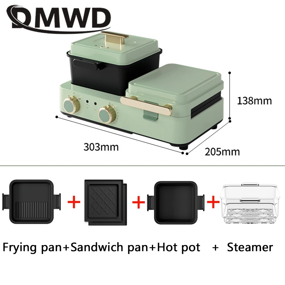 DMWD 4 in 1 Household Breakfast Machine 1.2L Electric Hotpot Boiling Pot Sandwich Maker Food Steamer Frying Pan Bread Toaster