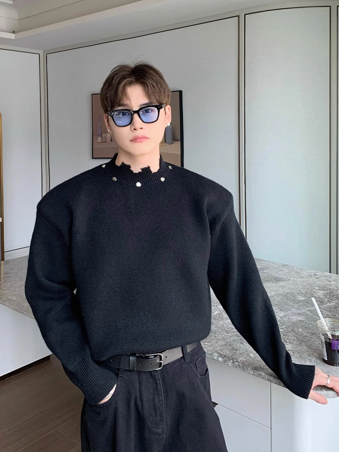 

Vintage Distred oulder Pad Men's Sweater Loose Metal Knitted Long Sve round Ne Top Trendy Autumn Wear for Teens