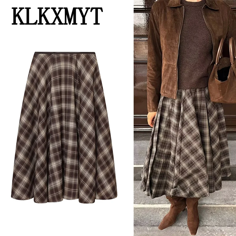 シックでエレガントなロングスカート女性のためのファッションチェックプリーツミディスカートハイストリートカジュアル女性のスカート気質新しいスカート