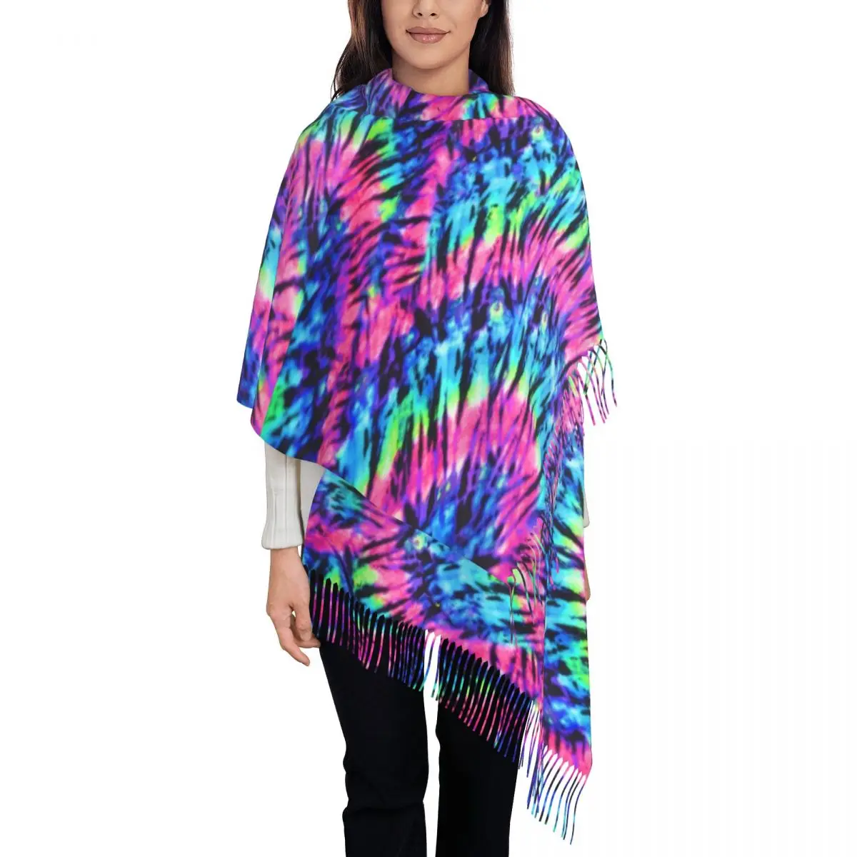 Funny Tie Dye Scarf Women Colorful Print Art Scarves Wraps with Long Tassel Winter Casual Shawls Wrpas Warm Soft Custom Bandana