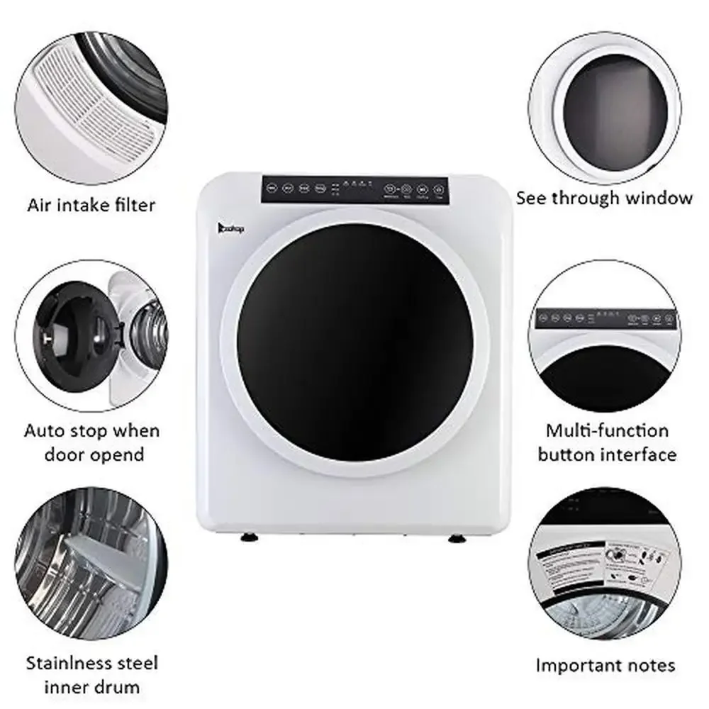 Portable Front Load Laundry Dryer 13.2lbs Capacity LCD Touch Screen Stainless Steel Drum 3.5 cu.ft Clothes Dryer Prevents Wear