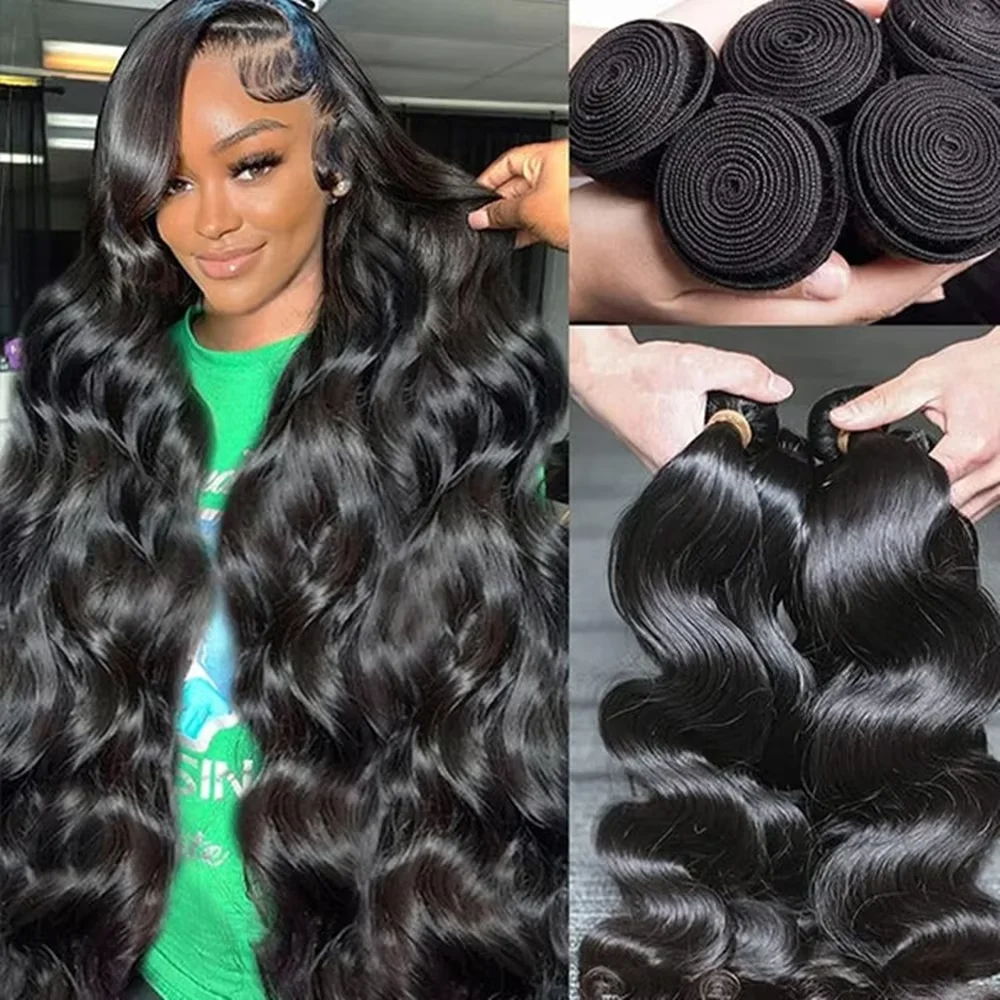Rambut Ekstensi Body Wave 30 Inch, 100% Rambut Asli Hitam Alami 4/5 Pcs, Rambut Manusia Brasil Tanpa Proses, Double Weft Untuk Wanita