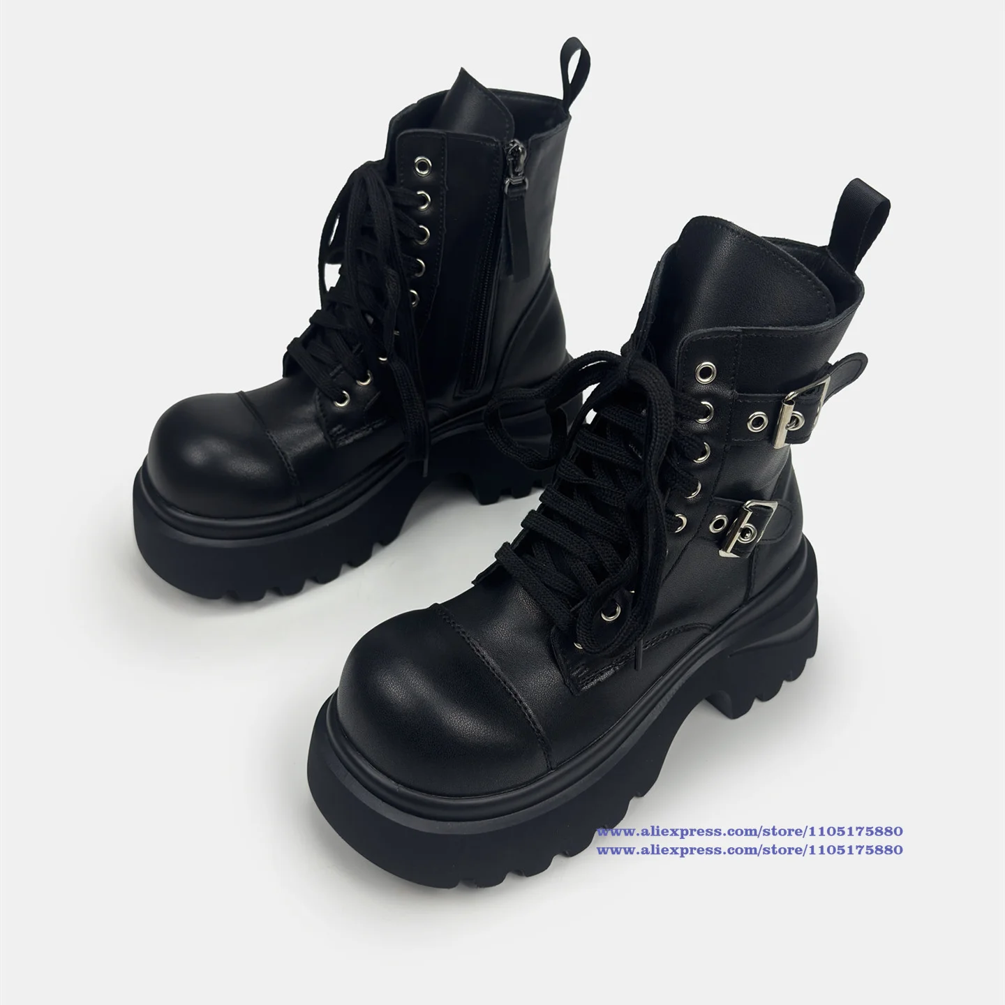 Gothic Punk Platform Ankle Boots Women Lace Up Double Buckle Side Zipper Black Leather Booties Women's Booties Botas Mujer