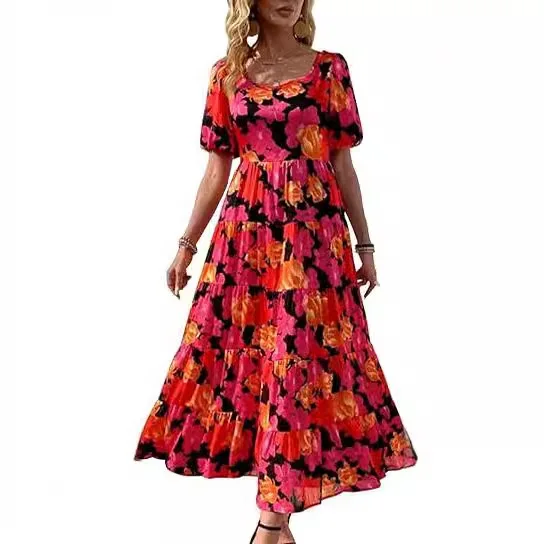 Dames Jurk Korte Bubble Mouw Ronde Hals Met Bloemenprint Lange Jurk Grote Swing Fashion Casual Vakantie Zomer 2024