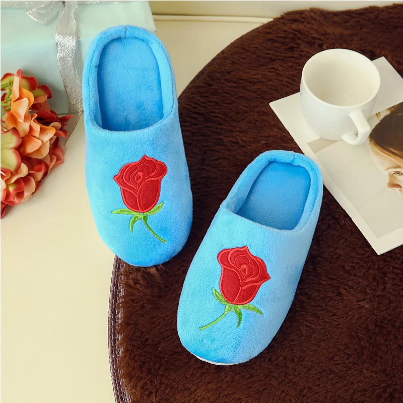 New Rose Soft Plush Cotton Cute Slippers Shoes Couple Unisex Emborider Floor Indoor Home Furry Slippers Women Shoes for Bedroom