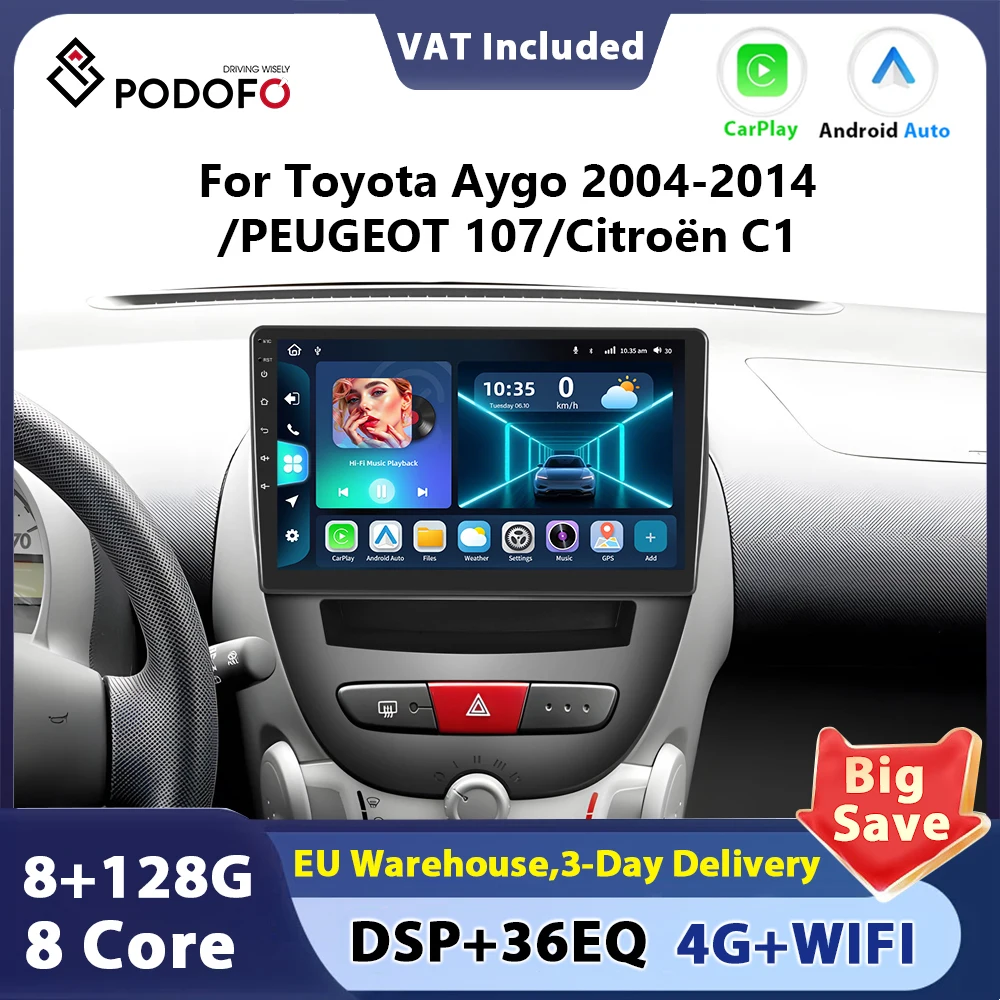 Podofo Android 2din autoradio stéréo pour Toyota Aygo 2004-2014 PEUGEOT 107 citroën C1 Carplay Android Auto vidéo GPS FM Audio