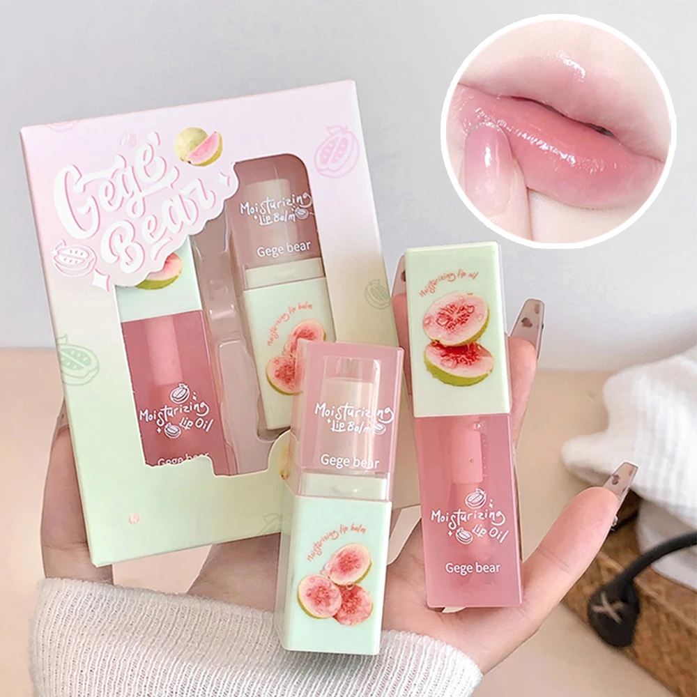 Guava Hydrating Lip Balm and Lip Oil Set Gege Bear Light Moisturizing Soothing and Tender Lips for Winter Use