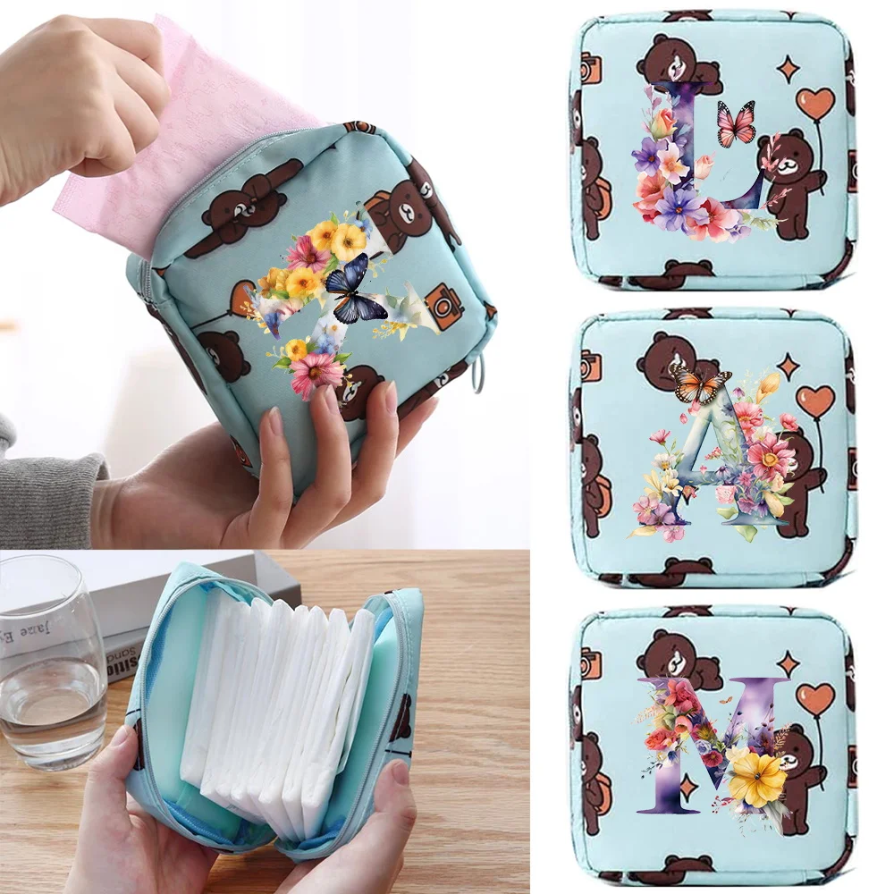 

Women Sanitary Napkin Tampon Storage Bag Portable Organizer Cartoon Bear Initial Letter Pattern Series Sanitary Napkin Bag