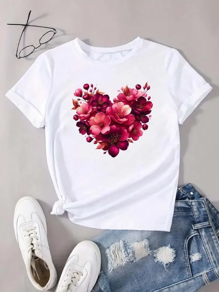 여름 신상 하트 플로럴 패턴 프린팅 티셔츠 여성 의류 라운드 넥 반팔 티셔츠 탑스 티즈 미학 의류