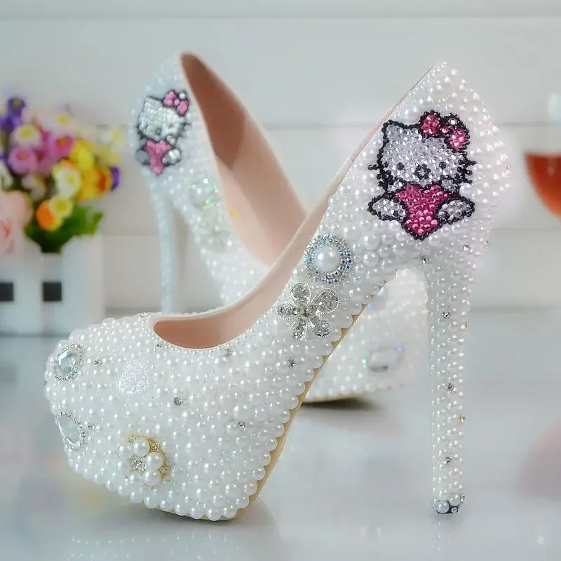 Hello Kitty zapatos de fiesta de boda con diamantes de imitación, zapatos hechos a mano, tacón alto, plataforma impermeable, lazo de boda