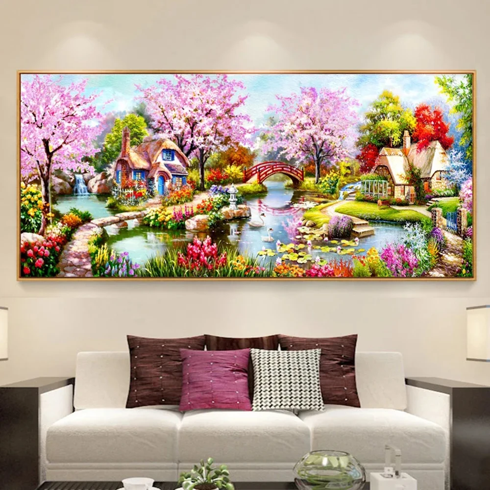 Fiori rosa Sakura Park Landscape Large 5D pittura diamante fai da te trapano completo ricamo immagine strass punto croce