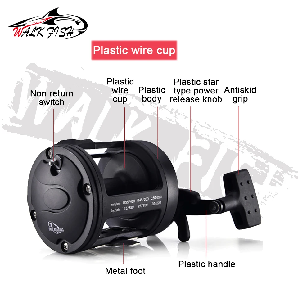 WALK FISH Trolling Drum Fishing Reel Max Drag 28kg Gear Ratio 3.8:1 Right Hand Bass Pesca Reel Knob Spinning Wheel Fishing Tool