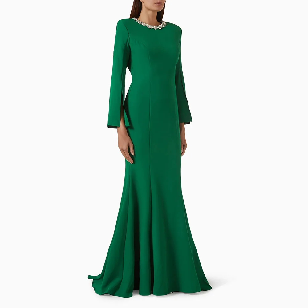 Vestido de fiesta Formal personalizado, capa con cuello redondo de cristal, mangas, vestidos de fiesta de sirena para mujer, vestidos de noche verdes de sirena/trompeta