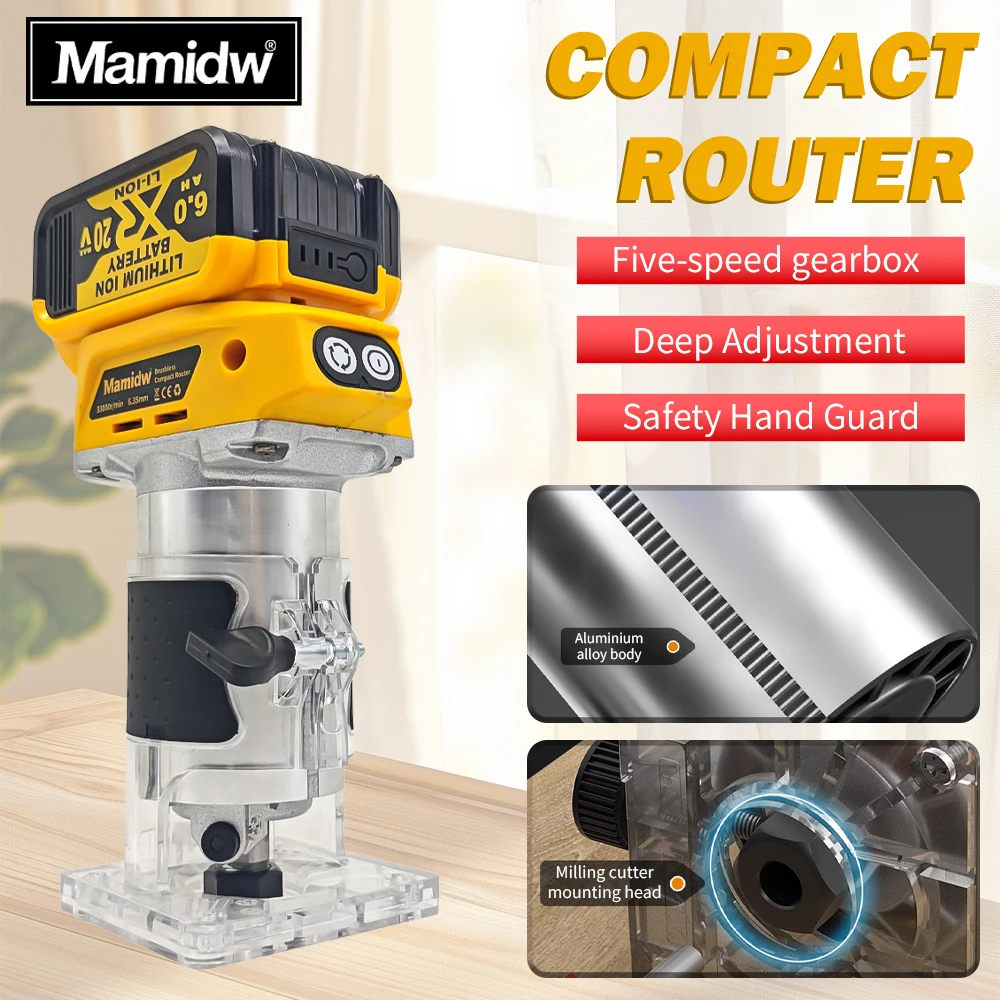 Mamidw Brushless Trimmer Cordless Electric Router Carpenter Milling Engraving Slotting Machine Carpenter Tool For DEWALT 20V Bat