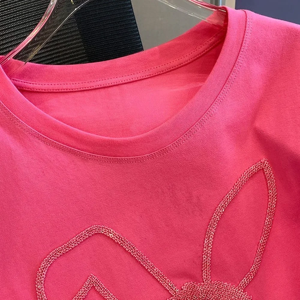 Rose Pink Summer Cotton Sequins Embroidery T Shirts Cute Bunny Rabbit Cartoon Y2k Top Women Girls Kawaii Shirts for Women Ladies