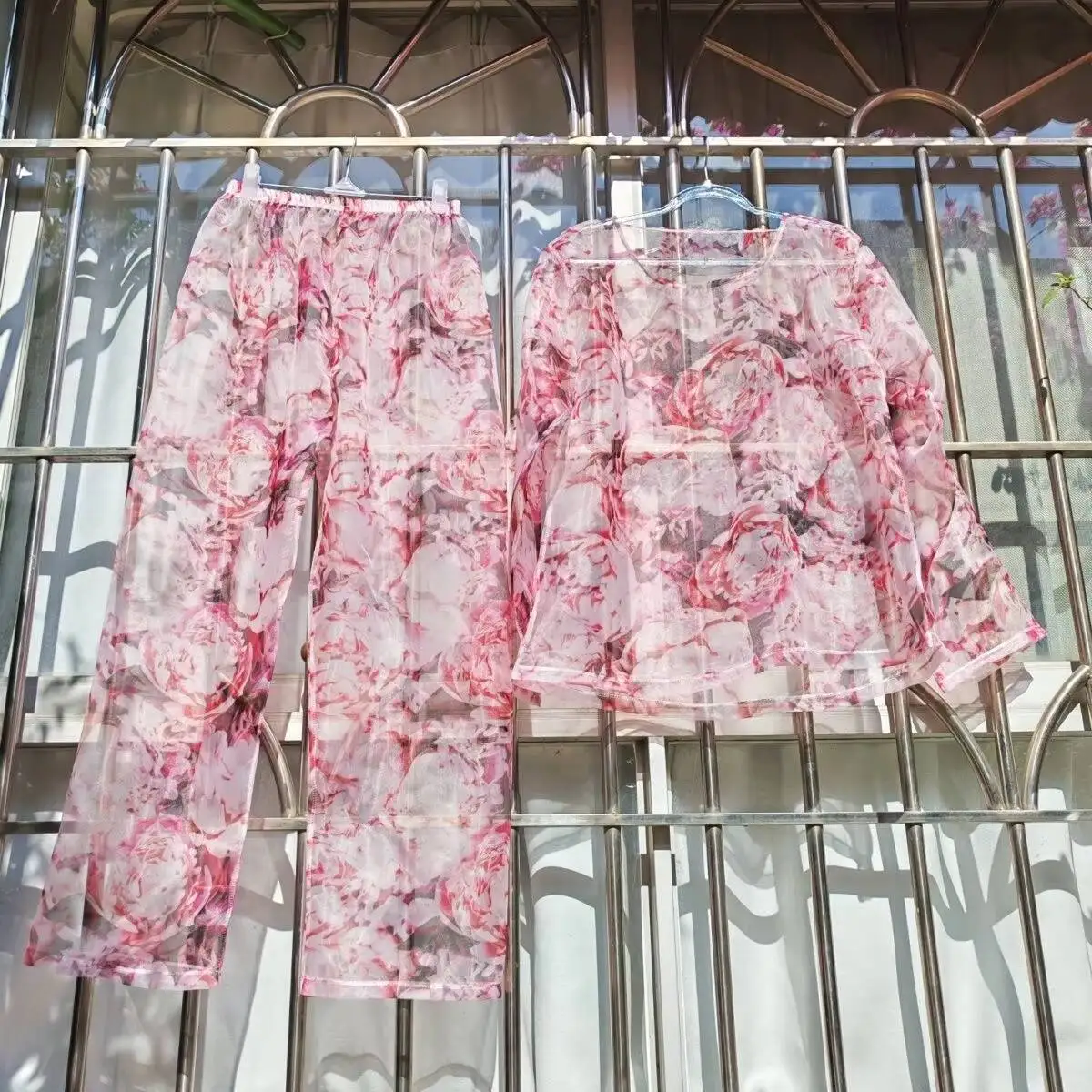 

Unisex Long Sleeve See Through Mesh 2 Pieces Set Sheer Voile Sleeping Plus Size Top Pants