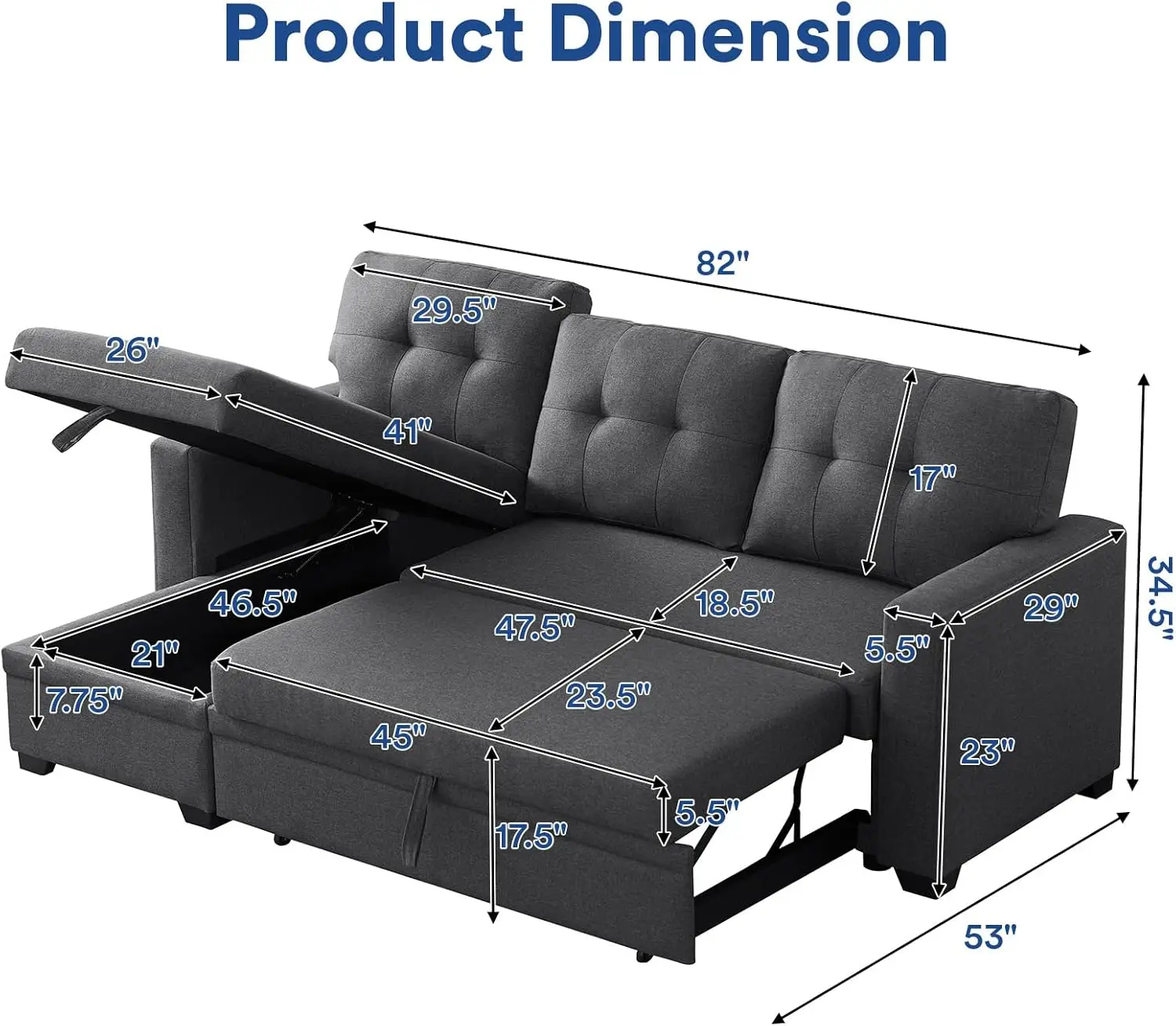 4-in-1 Convertible L Shaped Couch w/ Pull Out Bed & Storage Sectional Sleeper Sofa w/ Reversible Chaise for Living Room, Bedroom