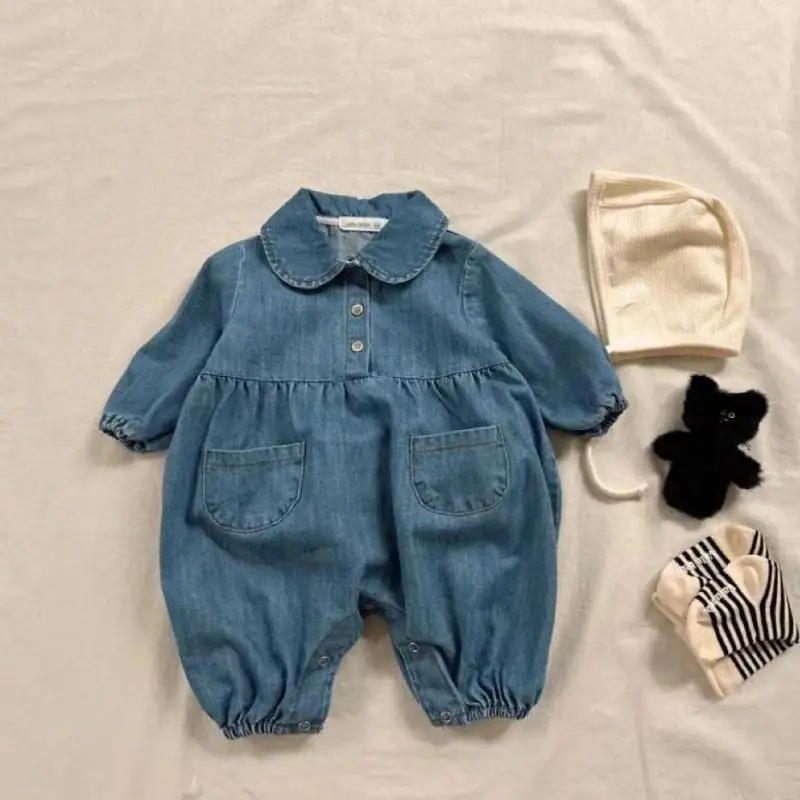 

2024 Autumn New Baby Boy Romper Newborn Toddler Girl Cute Lapel Denim Jumpsuit Infant Onesie Solid Baby Loose Denim Clothes