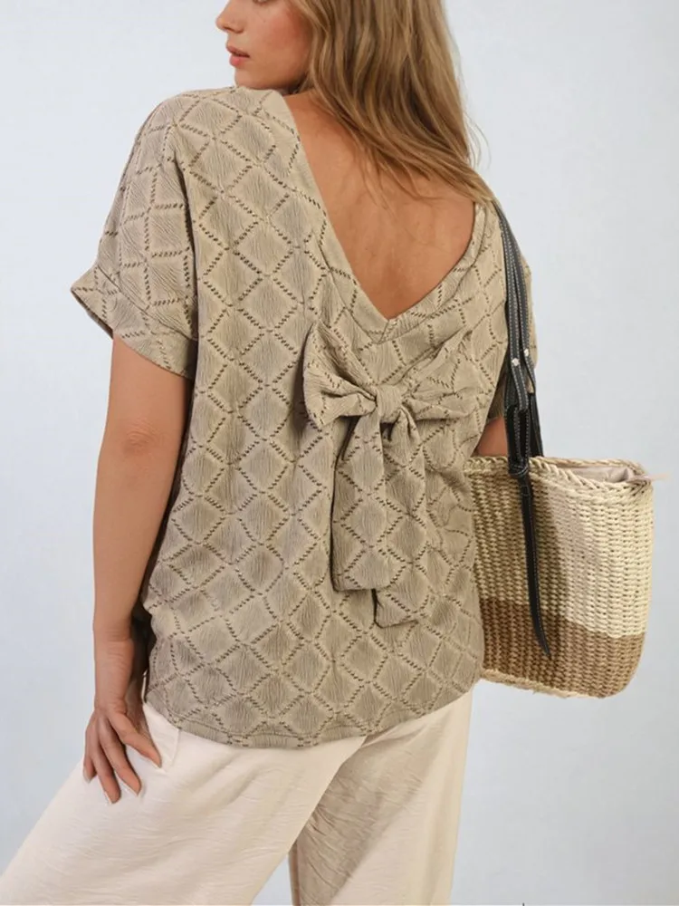 

Mesh Loose T-shirt Bow Tops Female Y2K Elegant Casual Solid Color Short Sleeve Streetwear