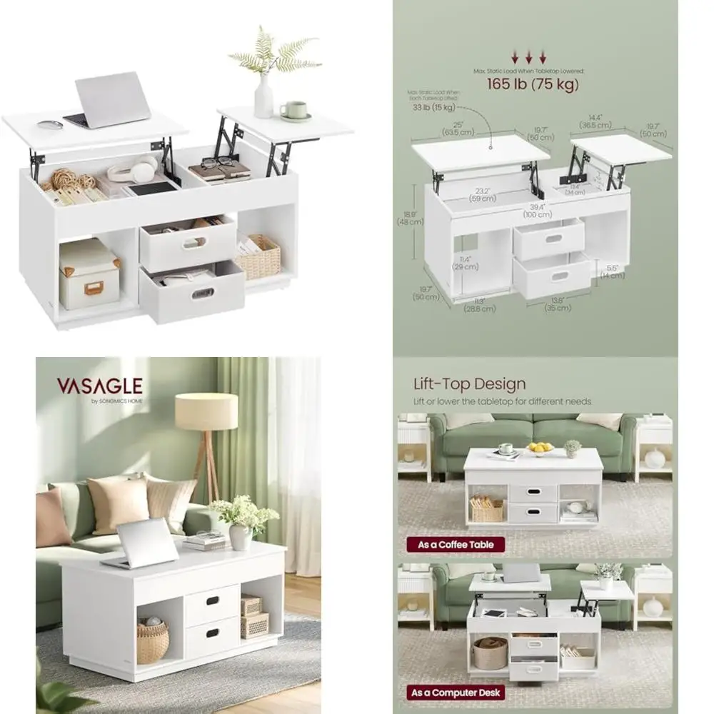 

Журнальный столик с подъемной столешницей и двумя ящиками и скрытым хранилищем для использования в центре