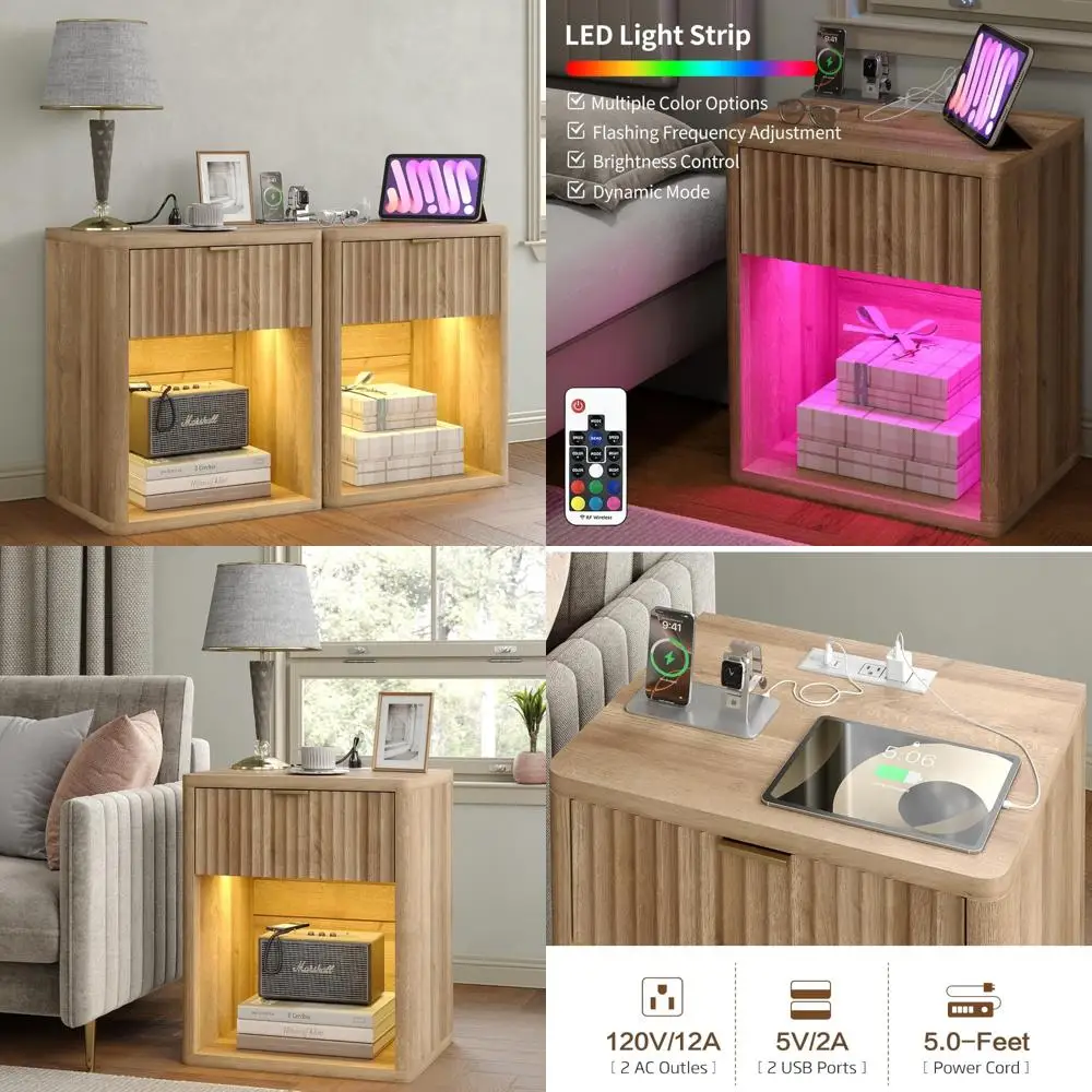 Large Modern Wood Nightstands with Charging Station, LED Light, and Drawer Storage for Bedside Use