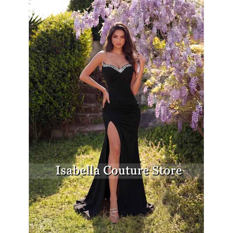 Women's Off-the-Shoulder Strapless V-Neck Long Prom Dresses, Rhinestone Embellished Backless High Split Lace-Up Formal Vestidos