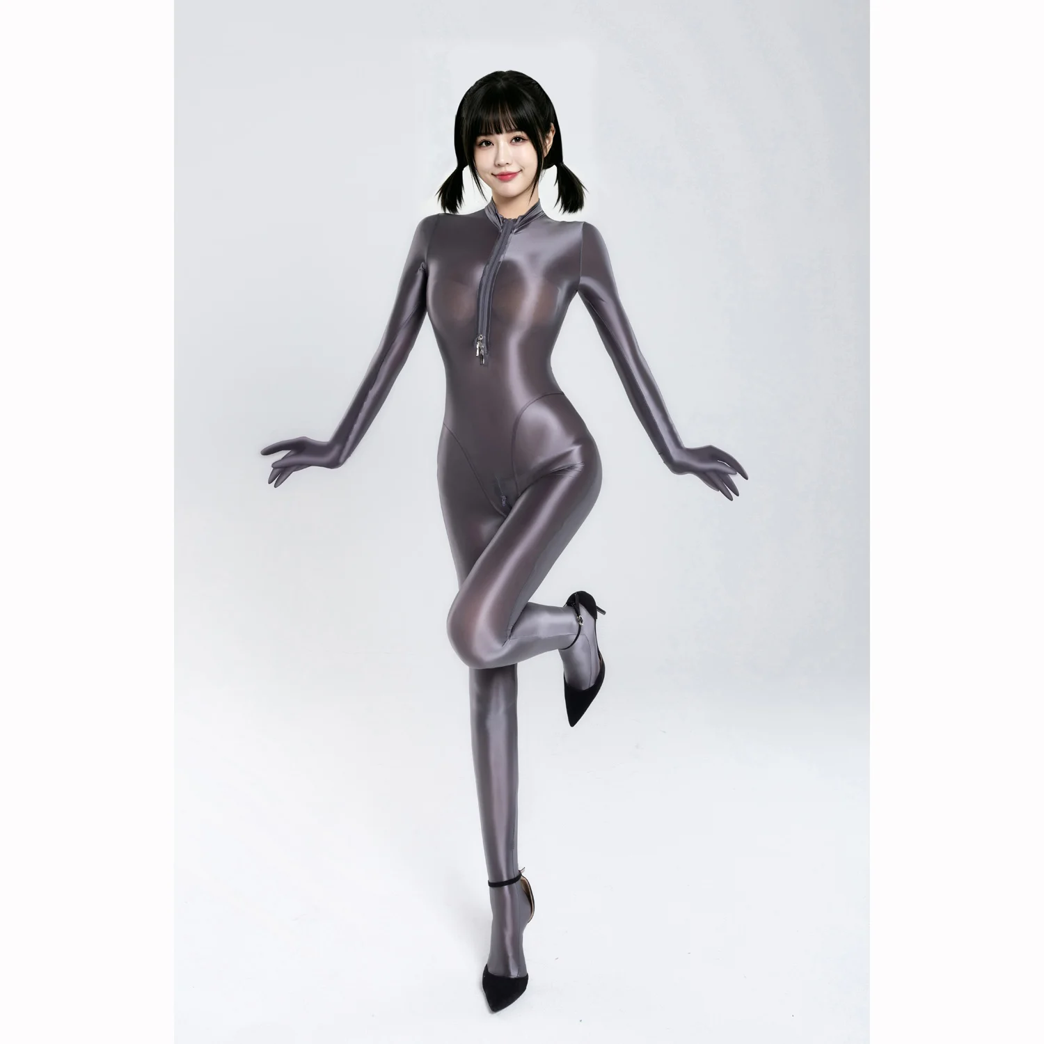 

Women Shiny Oil Smooth Full Body Catsuit Long Sleeve Gloved Footed Bodysuit Tights Double Zip Crotch High Cut Jumpsuit Clubwear