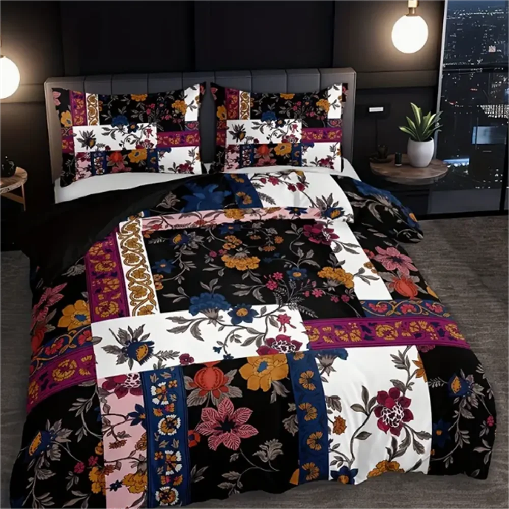 Floral Patchwork Duvet Cover Set 3PCS - 100% Polyester Breathable Bedding, Digital Print, Machine Washable, No Insert Included
