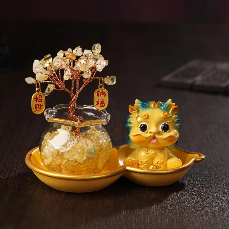 Citrine Crystal Money Tree Lucky Pixiu Gourd Base Feng Shui Wealth Fortune Ornament Home Living Room Office Desk Decor Crafts