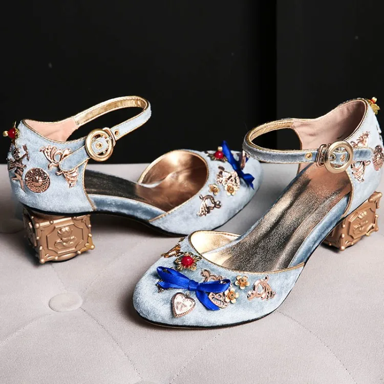 Light Blue Velvet Women Mary Jeans Pumps Copper Decorations Shallow Zapatos Mujer Vintage Ankle Strap Black Square High Heels