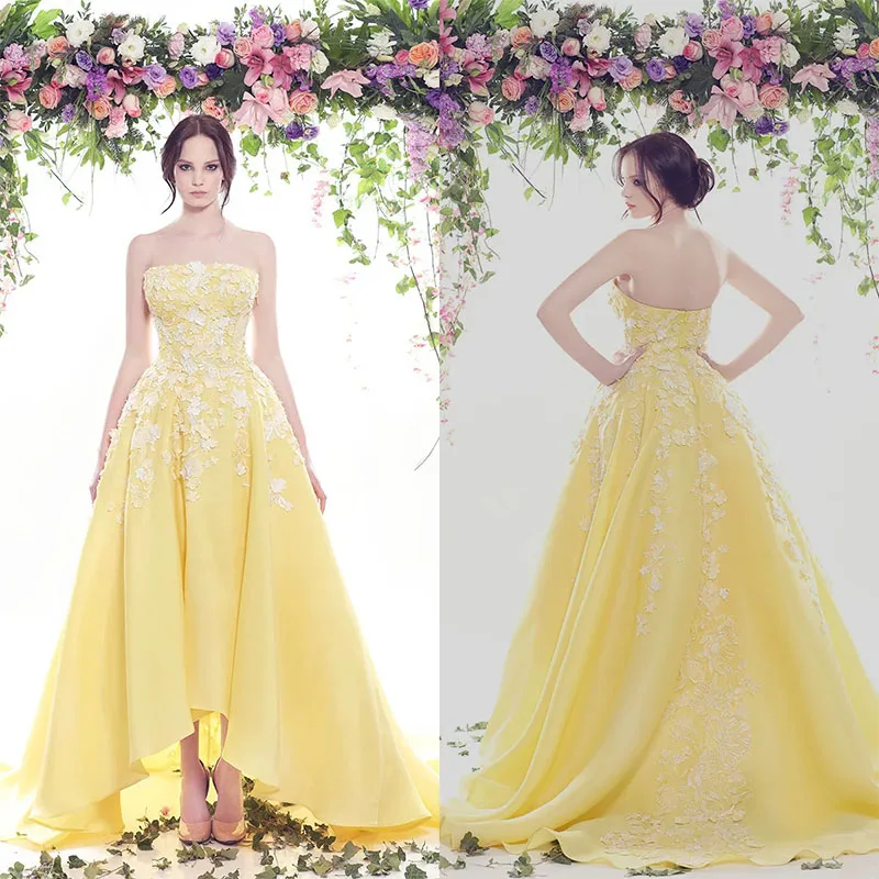 Gaun Prom kuning applique renda tanpa tali gaun malam elegan Ruffle Satin rendah tinggi pakaian pesta dibuat sesuai pesanan